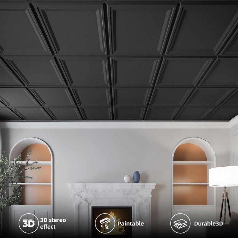 WOWSTAR 12-Pack 24"x24" Drop Ceiling Tiles, Waterproof Glue up Ceiling Panels, Black - Image 3